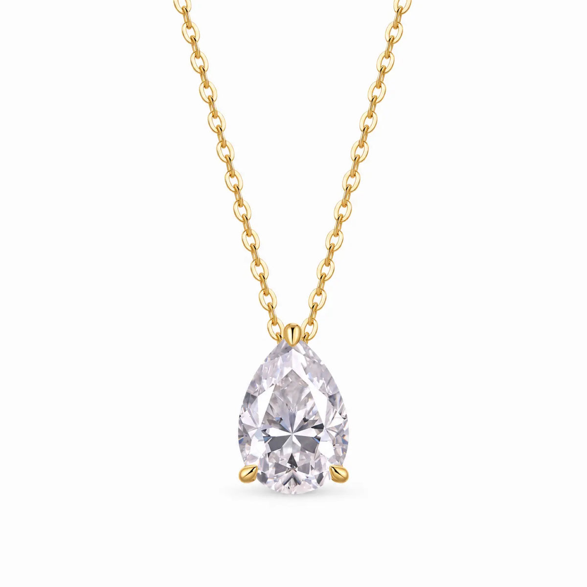 Pear-cut moissanite solitaire pendant on a fine chain.