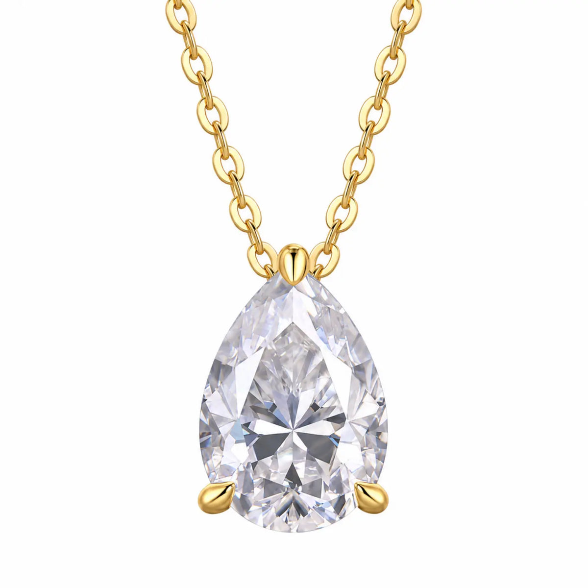 Pear-cut moissanite solitaire pendant on a fine chain.