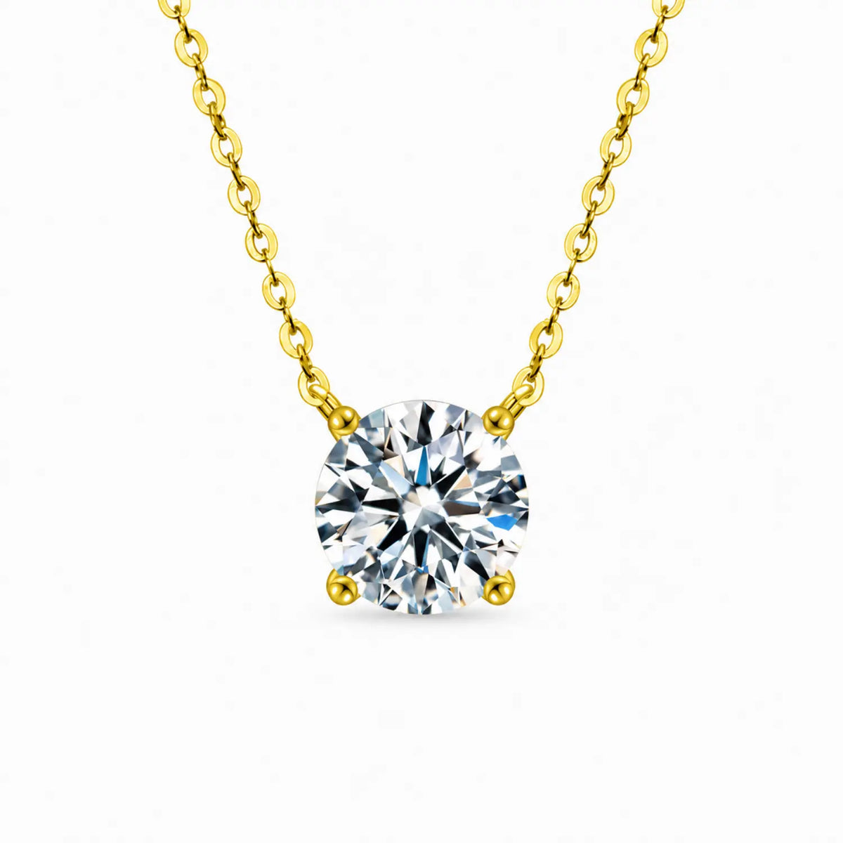 Round moissanite solitaire necklace with a four-prong setting and chain attached at both sides.