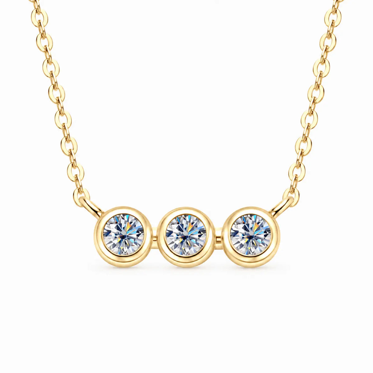 Three round moissanite stones in individual bezel settings arranged horizontally on a chain.