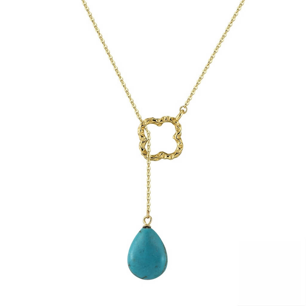 Turquoise Lariat Necklace Four Leaf Clover 14kt Yellow Gold Vermeil- Minerva Jewelry